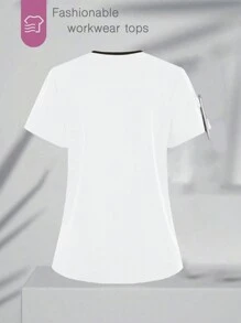TaskEZ 女士拼色短袖上衣、手术服上衣、女士 V 领多口袋工作服外套上衣、女士健康检查手术服、宠物美容、牙科按摩师服装、工作室时尚女士工作服、营养师工作服、实验室工作服、女士上衣、多口袋功能性工作服、衣领上有纽扣方便穿脱的上衣、圣诞节、新年和情人节功能性女装、冬春女装 - 白色 - 查看 2