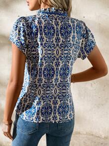 SHEIN Clasi 女士荷叶边镂空领口短袖印花系带蝴蝶结衬衫，蓝色和白色，休闲装，春夏 - 藍白色 - 查看 2