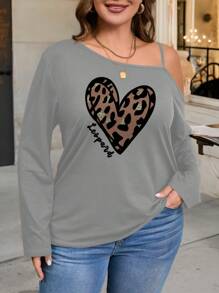 SHEIN LUNE Leopard Print Heart Graphic Casual Loose Fit Off Shoulder Plus Size T-Shirt, Spring/Autumn,Valentine's Day