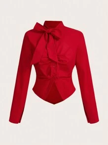 SHEIN ICON Camisa para el Día de San Valentín para mujer de unicolor, manga larga, cuello polo, con gran moño rojo y cintura entallada, para otoño