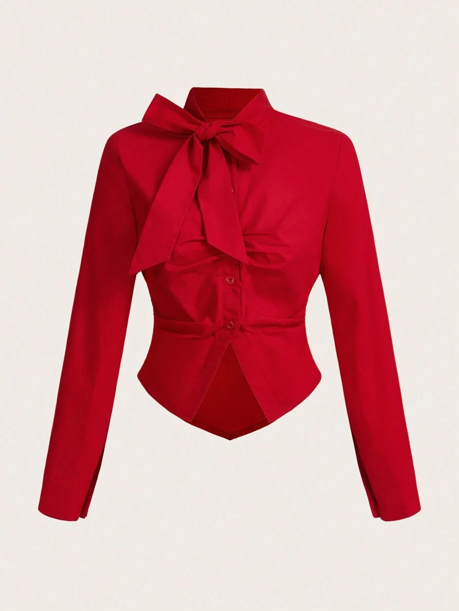SHEIN ICON Camisa para el Día de San Valentín para mujer de unicolor, manga larga, cuello polo, con gran moño rojo y cintura entallada, para otoño