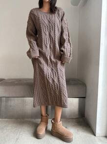 DAZY 女士纯色圆领长袖简约休闲长款针织毛衣连衣裙，秋季女装 - 灰色 - 查看 5