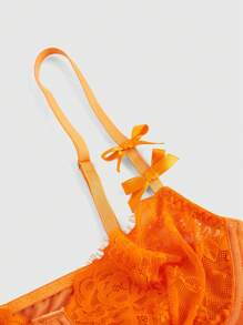 ROMWE Avant Y2K Lace Mesh Patchwork Bow Underwired Chain Open Crotch Lingerie Set, Sexy Roleplay - Orange - View 5