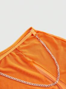 ROMWE Avant Y2K Lace Mesh Patchwork Bow Underwired Chain Open Crotch Lingerie Set, Sexy Roleplay - Orange - View 6
