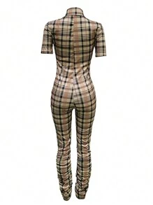 SHEIN 女士休閒格紋連體褲，前中拉鍊，褶皺和短袖，適用於春夏季節