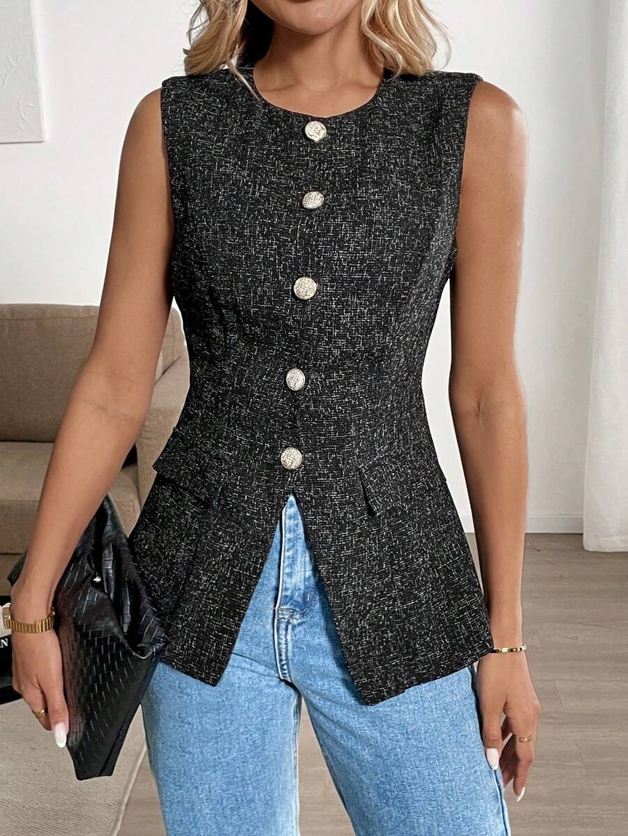 Chiquease Women's Sleeveless Tweed Jacket, Casual Commuting Holiday Wear