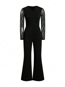 Gownix 女士优雅黑色撞色蕾丝连体裤，春夏