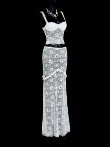 SHEIN ICON Ensemble chemisier et jupe transparents en dentelle sexy pour femmes, blanc