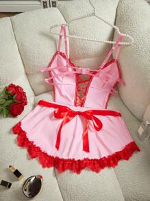 2pcs/Set Plus Size Lace Patchwork Hollow Minimalist Jumpsuit & Apron - Pink - View 7