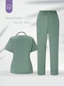 TaskEZ Conjunto de Uniforme Cirúrgico com Top de Bolso de Manga Curta e Gola V Sólida e Calça para Mulheres - Verde Menta - Visão 2