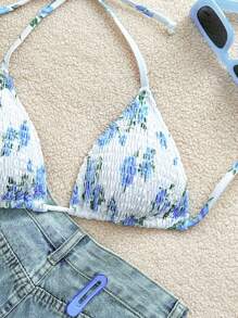 SHEIN Swim 随机印花简约时尚休闲泳装上衣，日常穿着夏季 - 藍白色 - 查看 4