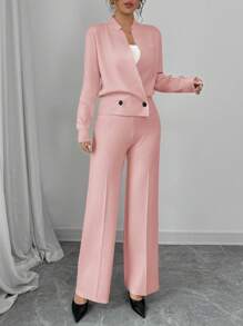 Chiquease Solid Color Loose Elegant Women Autumn Set, 2pcs Suits Long Sleeve Knit Sweater & Pants Set, Cardigan Coat Sweater Jacket Outfit