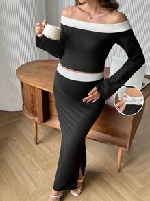 SHEIN Sexy Black & White Contrast Off Shoulder Flared Sleeve Bodycon Split Midi Skirt Dress - Black and White - View 3