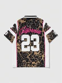 ROMWE MEN Prep Men's Leopard Print Letter Pattern Polo Football Jersey Style Shirt, Suitable For Everyday Wear, Spring/Summer - Multicolor - View 2