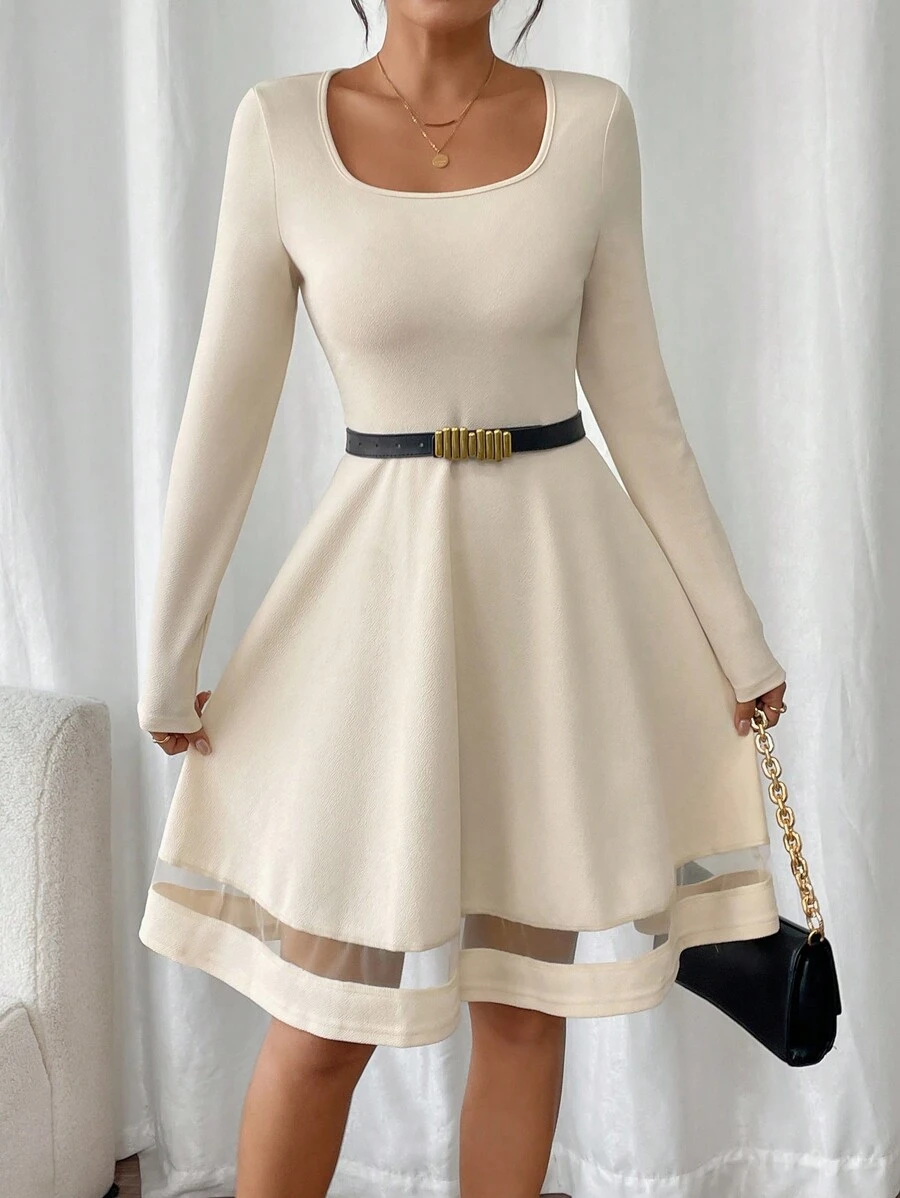SHEIN Frenchy Solid Contrast Mesh Square Neck A-Line Beige Dress - Apricot - View 1
