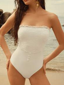 Elaire 1pc Women's Solid Color Bandeau One-Piece Swimsuit, For Summer Beach Vacation - Black and White - View 7