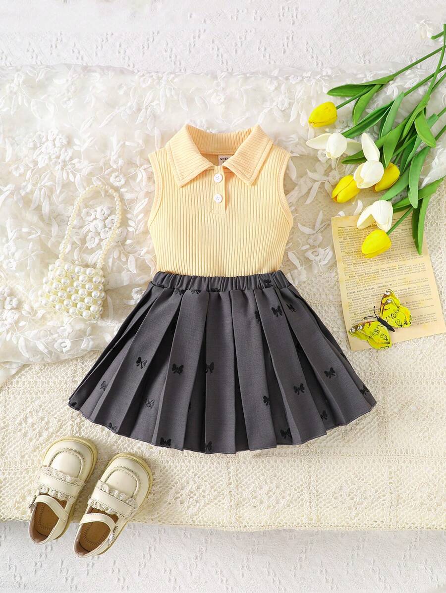 SHEIN 2 件套女婴春夏优雅风格无袖半开领上衣和蝴蝶结图案刺绣裙子