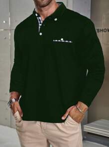 Manfinity Mode 大码男士休闲格子拼布 Polo 衫，秋季 - 墨綠色 - 查看 1