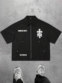 SHEIN Coolqubz 青少年男孩配套家庭装 - 宽松轻质超大十字图案印花黑色拉链短袖衬衫，休闲百搭 - 黑色 - 查看 3