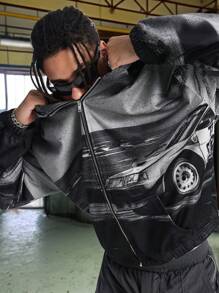 Manfinity VCAY Men's Digital Print Loose Fit Long Sleeve Sweatshirt, For Fall Winter - Black - View 1