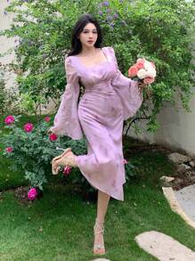 DAZY Spring New Arrival Valentine's Day Plant Print Waist Cinched Sundress, Muse Dress, Vacation Style For Women Floral Elegant,Fall Dress Long Sleeve Dress - Purple - View 7