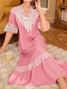 PalaceNights 法式浪漫蕾丝拼布超长睡裙娃娃裙女士奢华家居服 - 藕粉色 - 查看 4