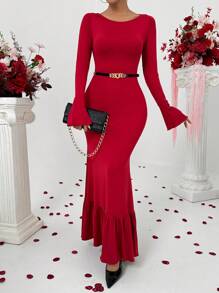 Calvaya Vestido con manga larga, hombros descubiertos, con entrelazado y volantes en color rojo para mujeres