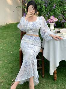 DAZY 两件套女士全印花方领灯笼袖短款衬衫和鱼尾裙套装，荷叶边，秋季女装复活节 - 藍色 - 查看 8