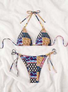 SHEIN Swim Conjunto de bikini de 2 piezas con estampado triangular al azar vintage bohemio nuevo de verano para mujeres