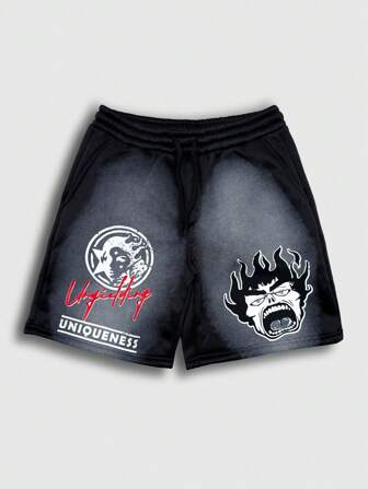 Street Life 1 pezzo Pantaloncini casual lenti da uomo con vita con laccetto e stampa di lettere