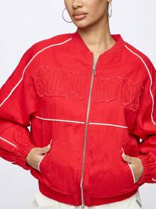 SUMWON WOMEN Classic Athletic Bomber Performance Jacket Modern Urban Streetwear Fall Winter Sports Team Outerwear Full Zip Active Daily Essential Ribbed Casual