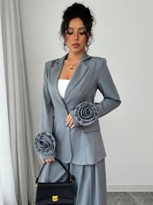 Modelyn Women's Elegant 3D Floral Spring/Summer Blazer - Grey - View 1