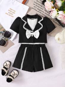 SHEIN 3pcs/Set Baby Girl Spring& Autumn Elegant Style, Lapel Short Sleeve Jacket&Sleeveless Top&Short Pants