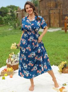 SHEIN LUNE Lange Freizeitkleid Große Größen für Damen mit Blume Muster, halber Knopfleiste, Hemdkragen, Taillenbund, Kurzarm - Blau - Übersicht 4