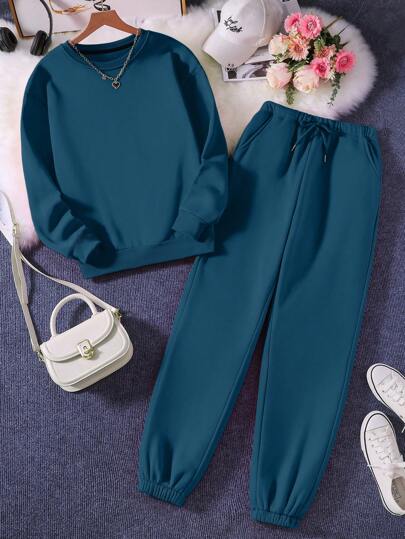 INAWLY Women Solid Color Round Neck Long Sleeve Sweatshirt And Drawstring Waist Pants Casual Set, Autumn/Winter Fall Cloth For Women