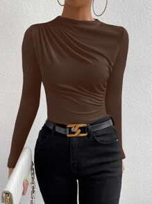 VaVaBold 女款純色百褶 T 卹 - 棕色 - 查看 5