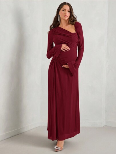 MaterniChic MaterniChic Autumn Women Solid Color Round Neck Flare Sleeve Long Elegant Maternity Dress With Twist-Knot Waist
