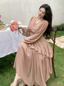 DAZY Đầm dài ngang gối cổ chữ V khoét rỗng tay phồng màu trơn cho nữ, thanh lịch, xếp ly, đầm tay dài, đầm maxi mùa thu. - Hồng - Xem 1