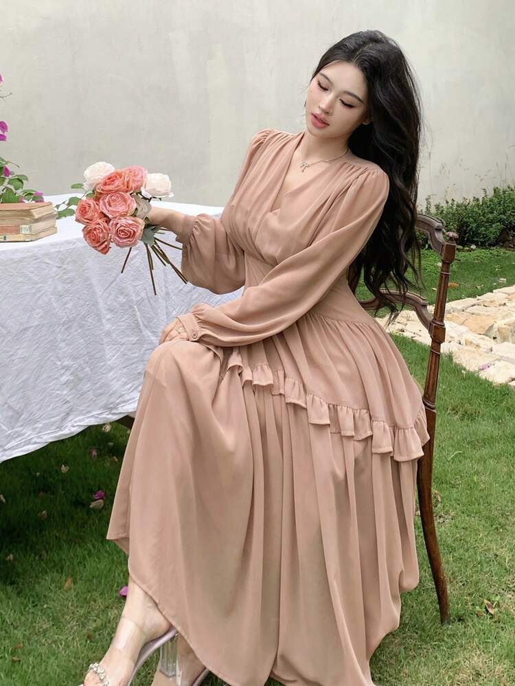 Solid Color V-Neck Hollow Puff Sleeve Mid-Length Dress For Women Elegant,Ruffle,Fall Dress Long Sleeve Dress Maxi Dress