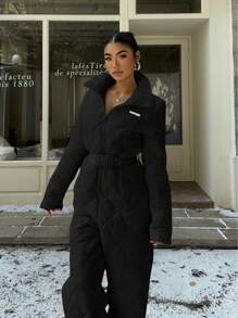 SHEIN EZwear Women's Solid Color Long Sleeve Zip Front Wide Leg Casual Jumpsuit, Autumn/Winter