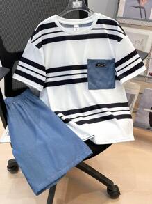 SHEIN Tween Boy Striped Short Sleeve T-Shirt And Shorts 2 Pieces Set - White - View 2