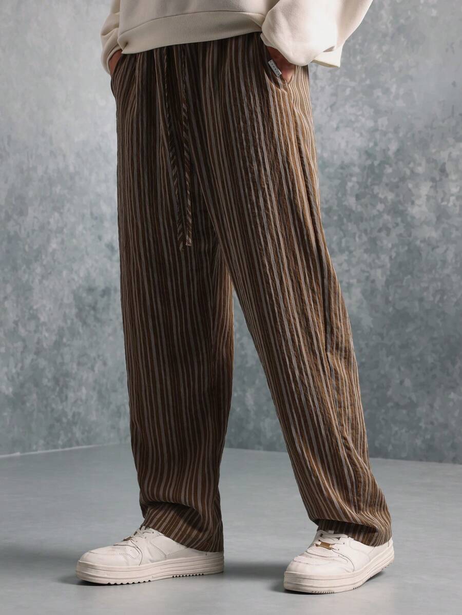 SUMWON Premium Pleated Wide-Leg Trousers With Drawstring Waist, High-Rise Vertical Striped Lounge Pants For Fall Winter Comfort Casual Wear