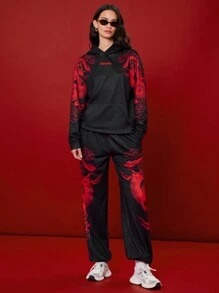 Manfinity Unisex 2pcs Set Unisex 2025 Chinese New Year Of The Snake Print Pattern Knit Loose Drop Shoulder Crew Neck Hoodie & Drawstring Waist Sweatpants, Casual Outfit