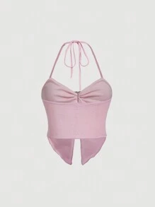 SHEIN MOD Dames Halter Top Met Hartvormige Sluiting, Gerimpelde, Asymmetrische Zoom
