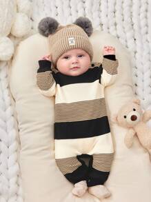SHEIN Newborn Baby Girl Casual Adorable Knitted Striped Long Sleeve Snap-Crotch Romper, Suitable For Autumn/Winter Indoor & Outdoor, Baby Shower