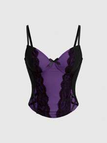 ROMWE Goth Y2K 性感撞色蕾丝腰带装饰吊带背心上衣，适合新年派对 - 紫色 - 查看 1