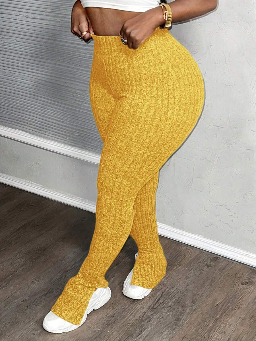 Slaydiva Casual Home Elastic Waist Ribbed Fleece Hem Slit-Side Flare Pants, Navy Blue - Yellow - View 1