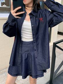 DAZY Women's Casual Denim Shirt & Skirt Suit, Simple & Fashionable For Everyday Wear - Dark Wash - View 3