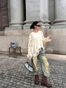 宽松休闲镂空麻花针织超大码女式长袖毛衣，秋冬针织套头衫