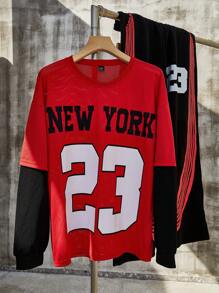 Manfinity Campus Court Men's Streetwear Mesh Basketball Jersey Sweatshirt & Sweatpants Set,Black And Red Number 23 Print 2 In 1 Tracksuit For Autumn,Vacation,Back-To-School - Multicolor - View 3